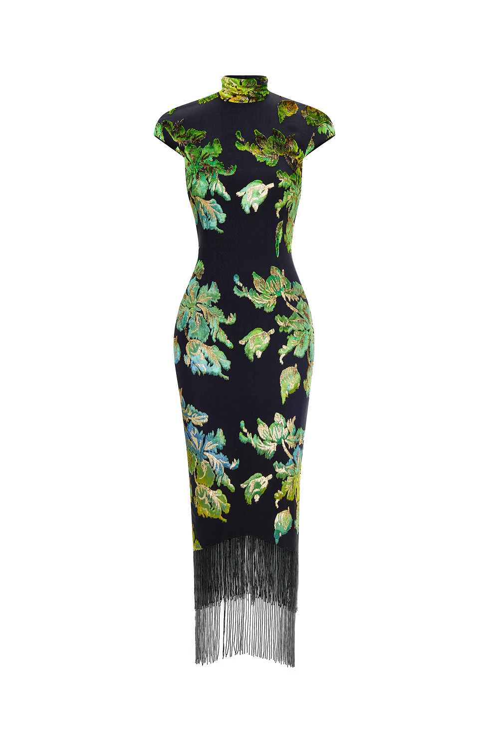 Devoré velvet midi dress with beaded fringe