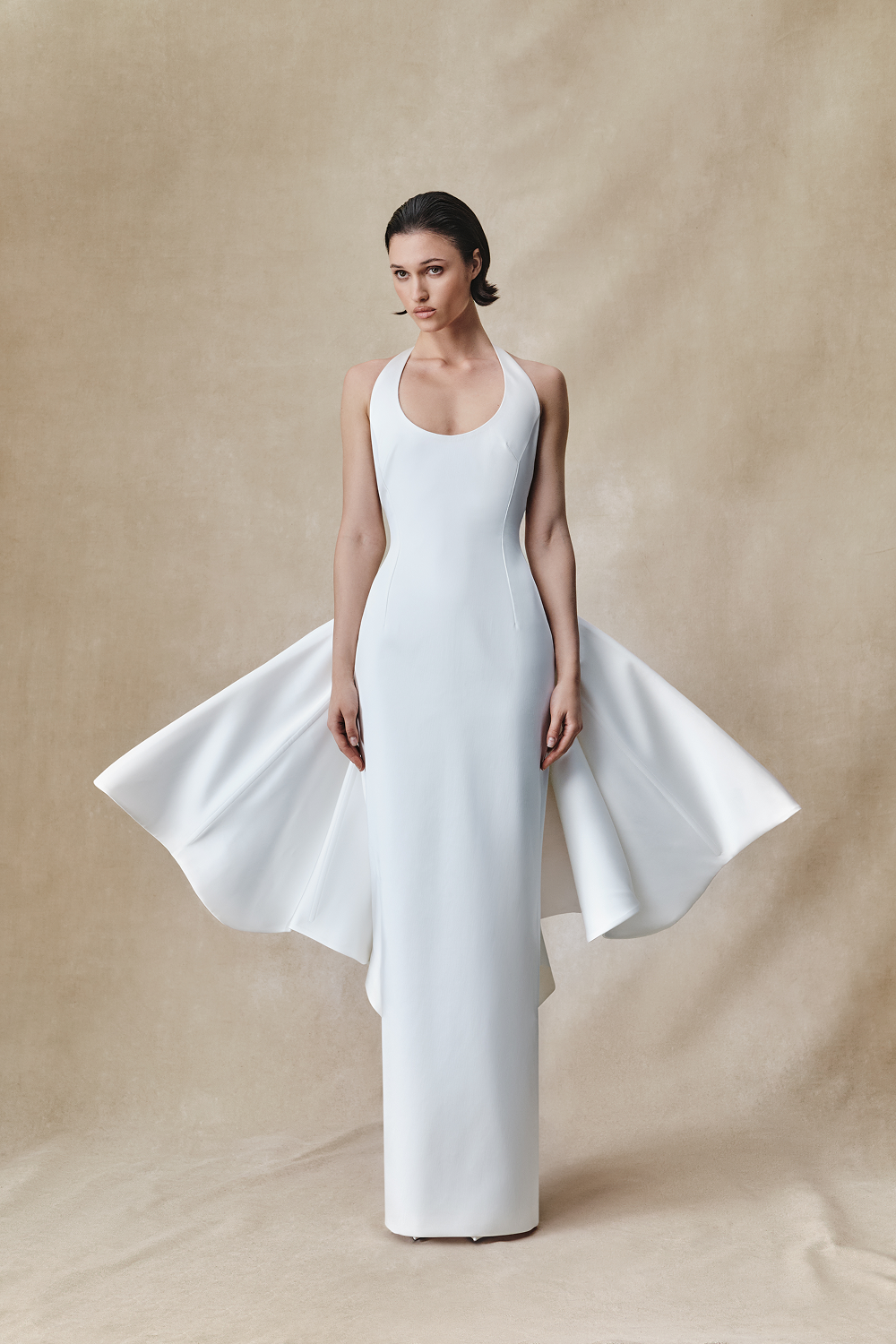 Structured satin maxi dress with detachable butterfly train