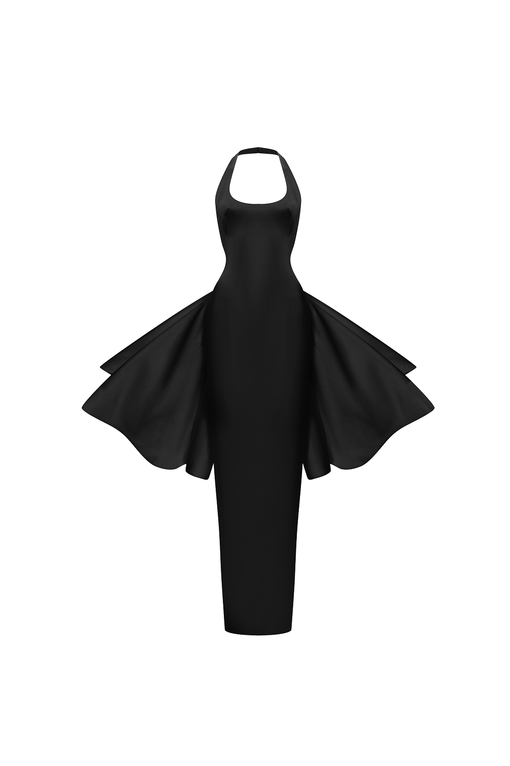 Structured satin maxi dress with detachable butterfly train