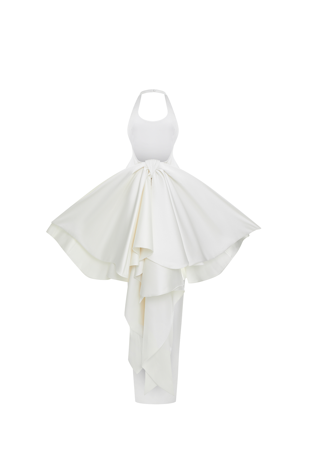 Structured satin maxi dress with detachable butterfly train