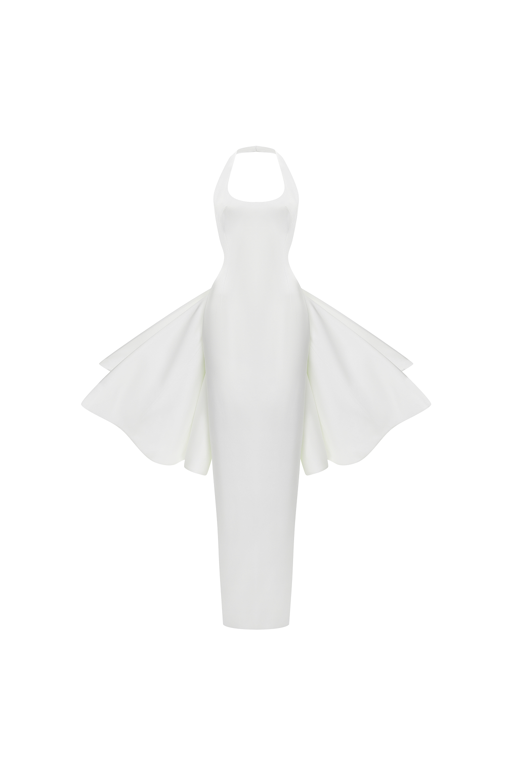 Structured satin maxi dress with detachable butterfly train