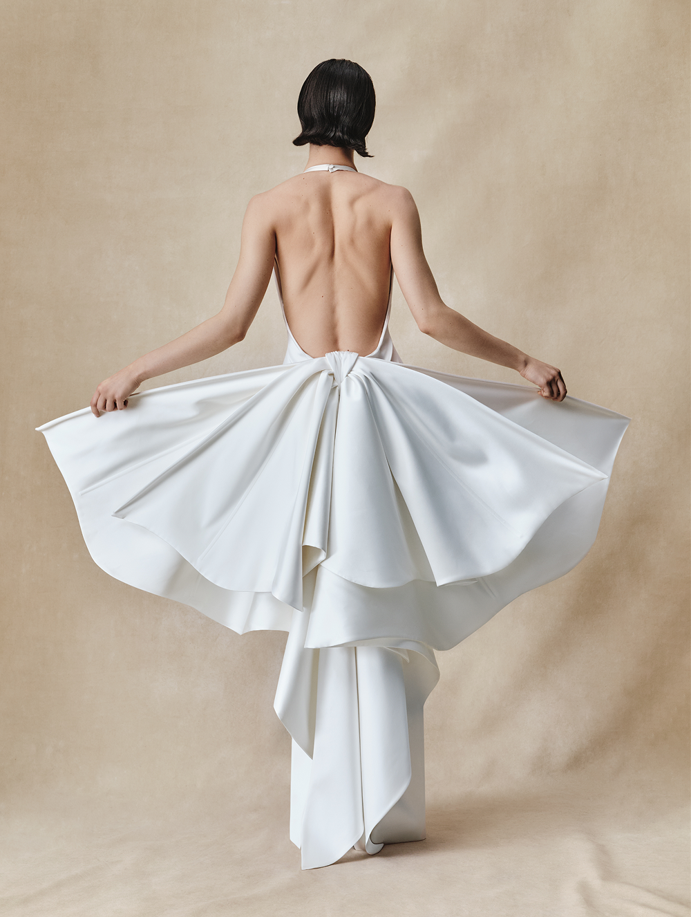 Structured satin maxi dress with detachable butterfly train