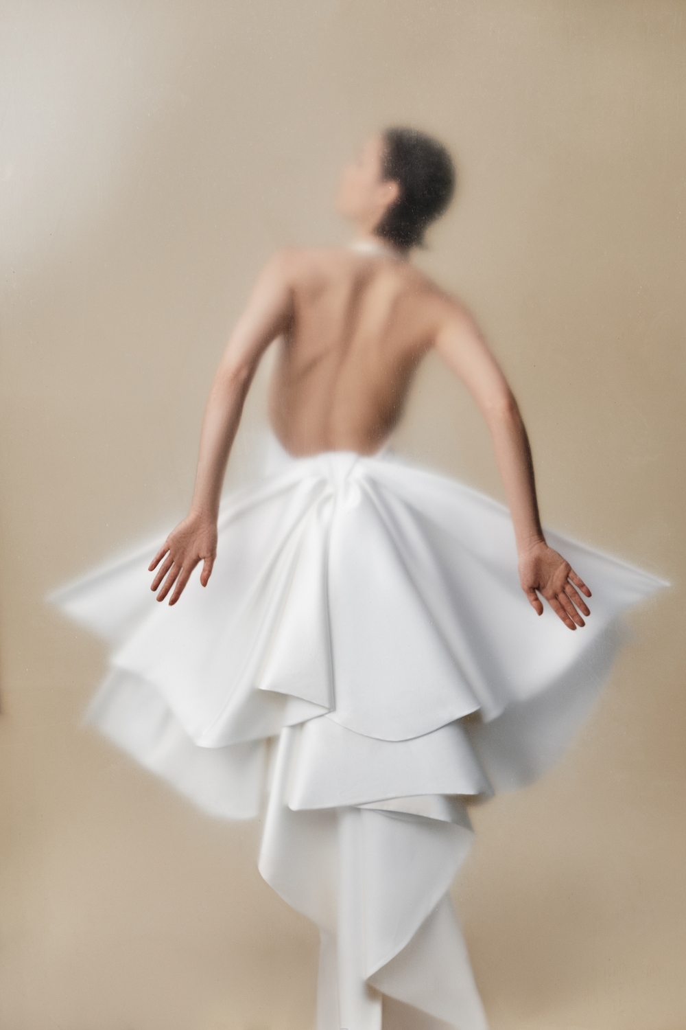 Structured satin maxi dress with detachable butterfly train