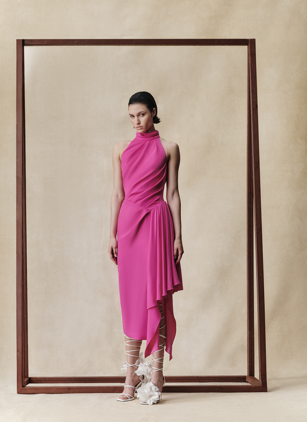 Viscose crepe midi dress with draping