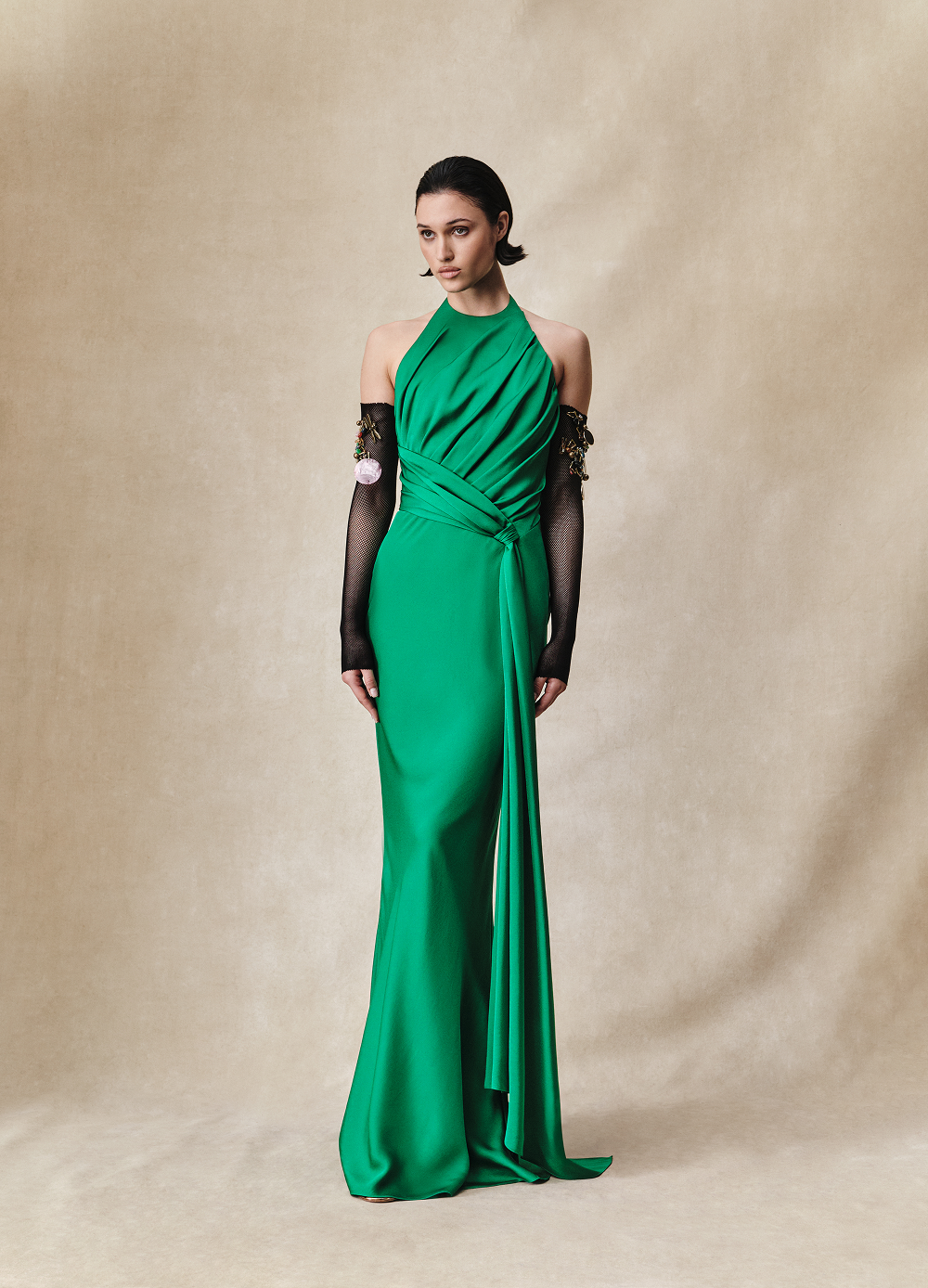 Viscose crepe maxi dress with train