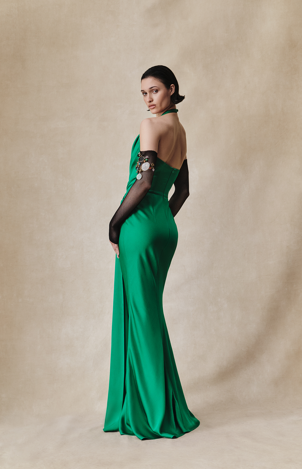 Viscose crepe maxi dress with train