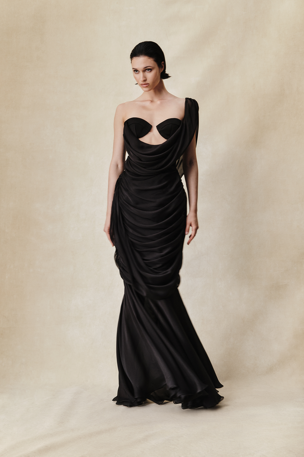 Viscose and silk corset maxi dress with draping – Rasario
