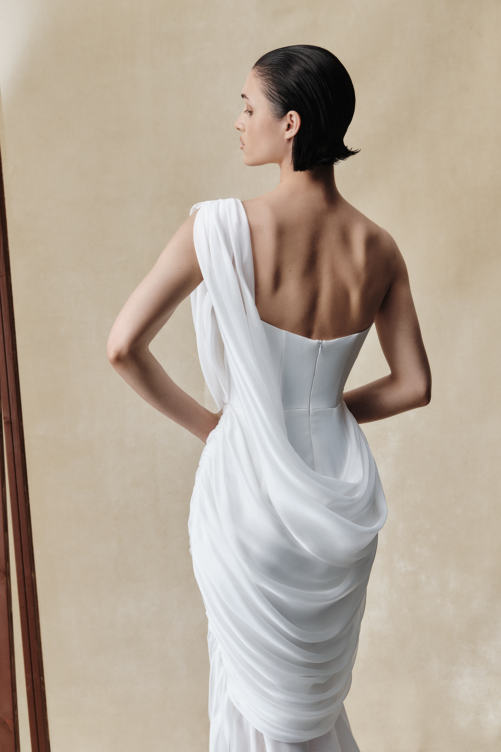 Viscose and silk corset maxi dress with draping – Rasario
