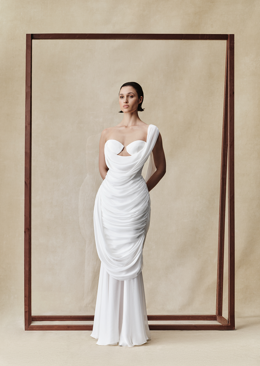 Viscose and silk corset maxi dress with draping – Rasario