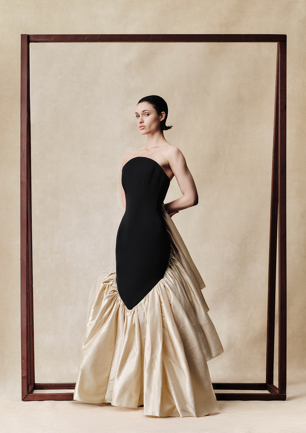 Viscose and silk corset maxi dress with ruffles
