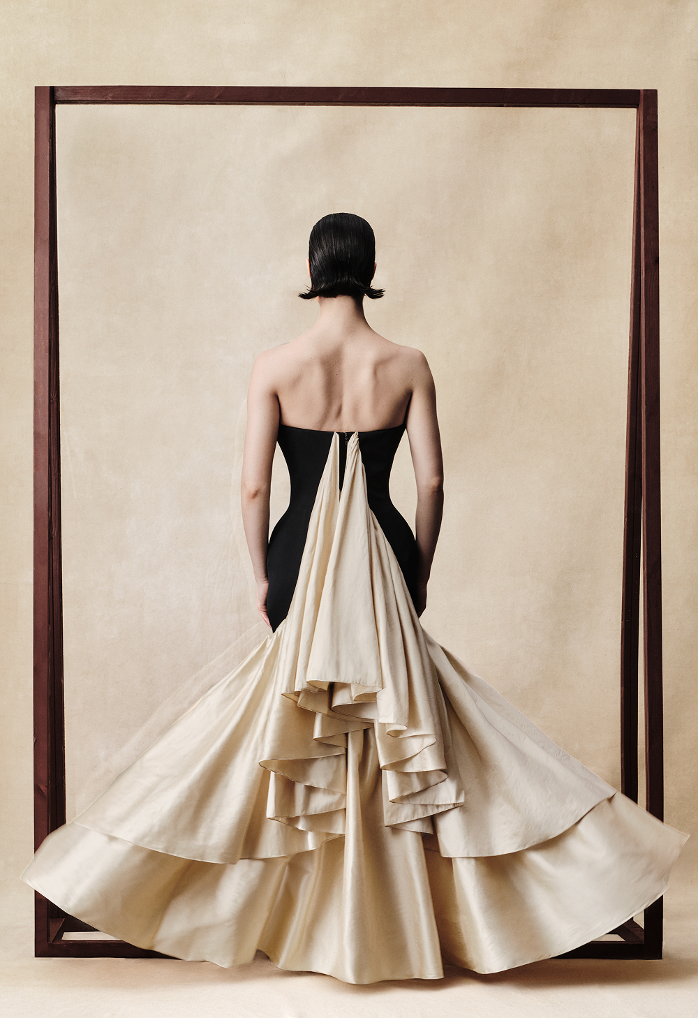 Viscose and silk corset maxi dress with ruffles