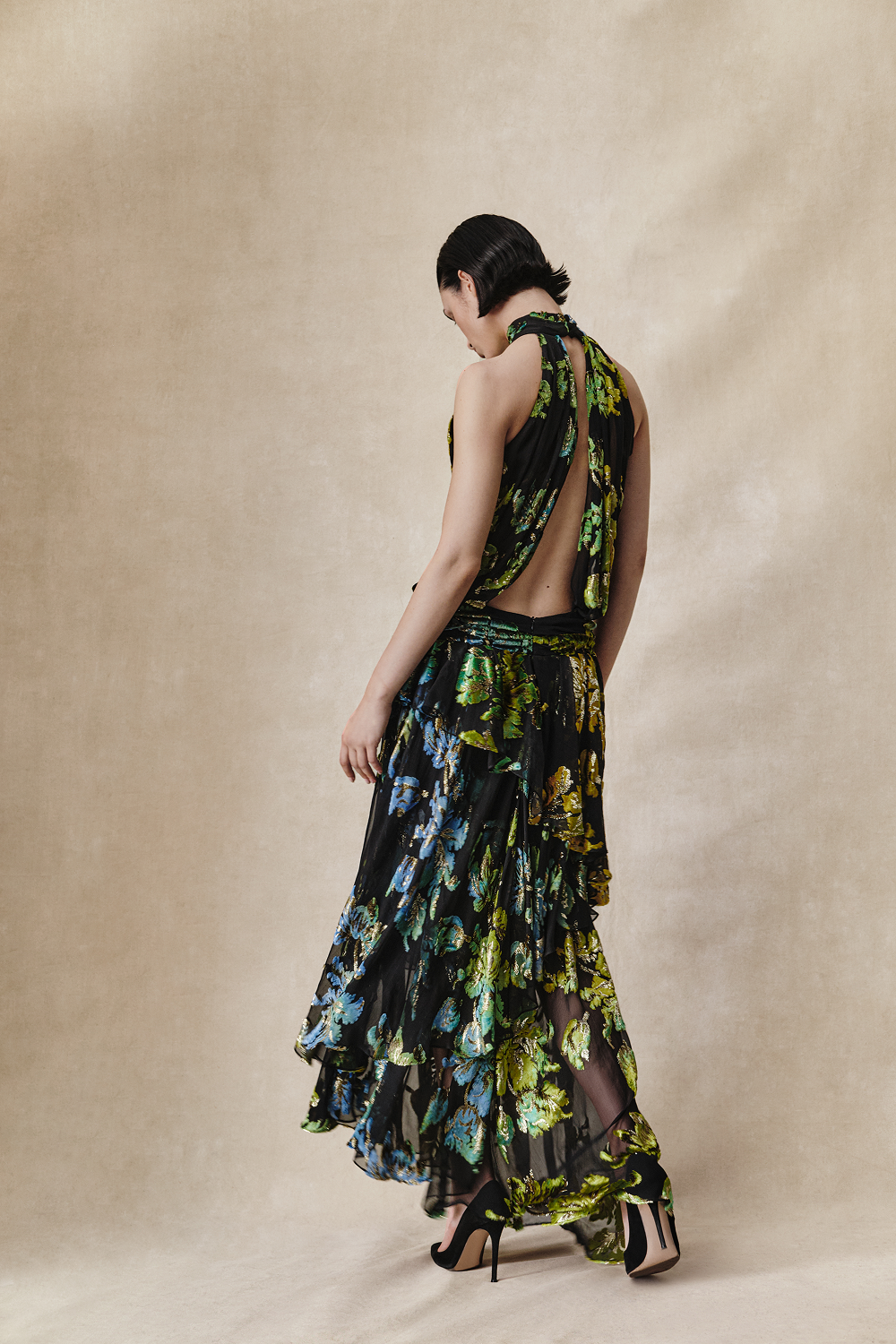 Devoré velvet maxi dress with ruffles and open back