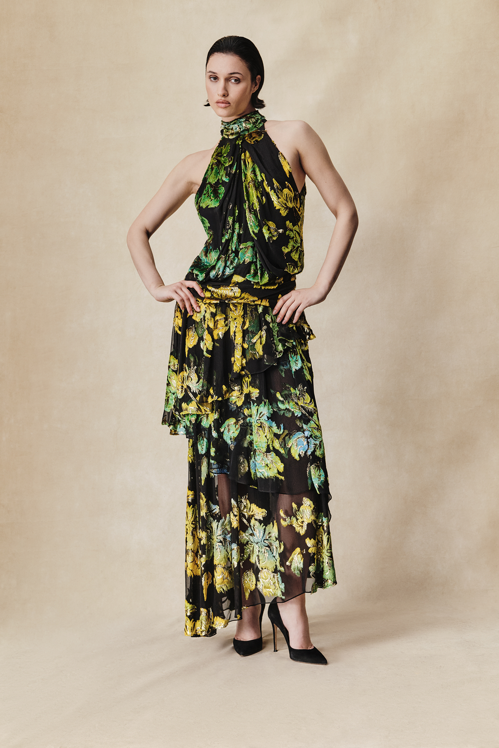 Devoré velvet maxi dress with ruffles and open back