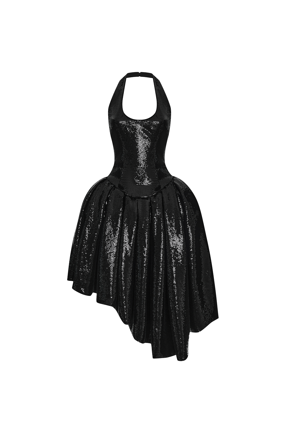 Sequin midi dress with asymmetric voluminous skirt