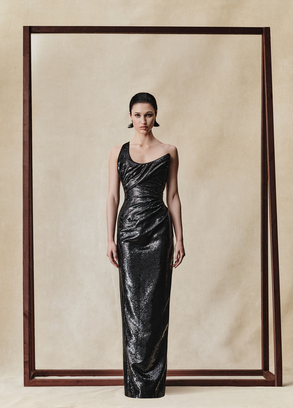 Sequin corset draped maxi dress