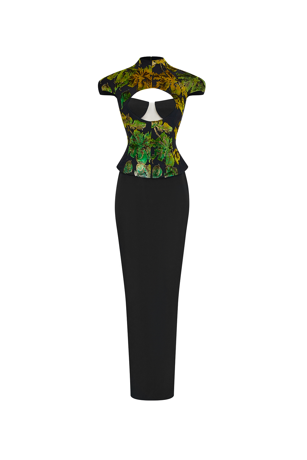 Devoré velvet and crepe maxi dress with front cutout