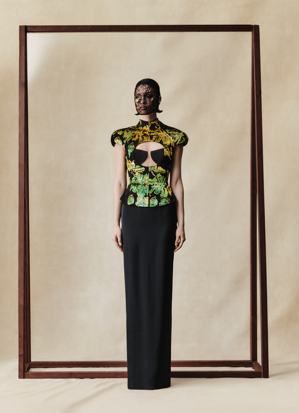 Devoré velvet and crepe maxi dress with front cutout