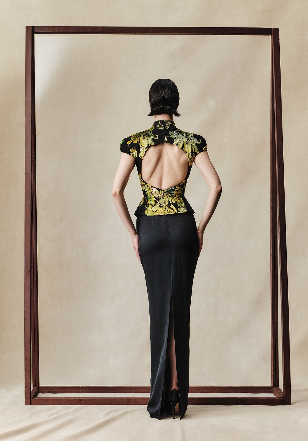 Devoré velvet and crepe maxi dress with front cutout