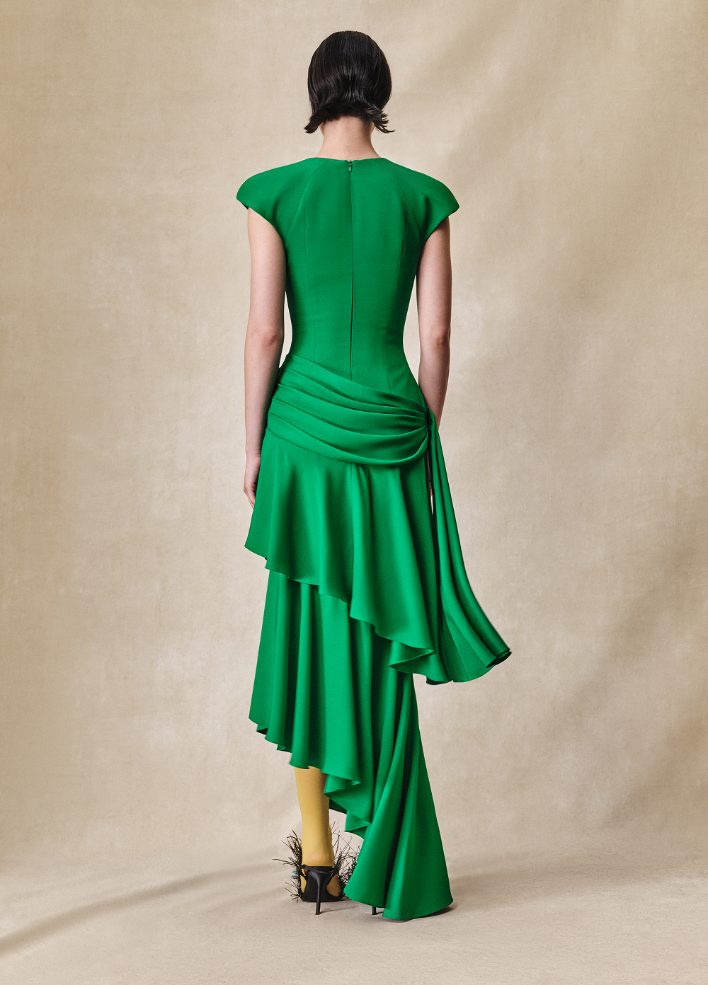 Viscose crepe asymmetric maxi dress with draping