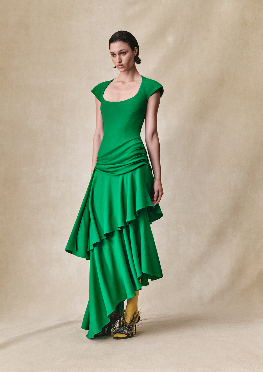 Viscose crepe asymmetric maxi dress with draping