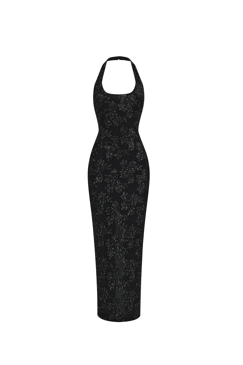 Sequin chiffon midi dress with halter neckline
