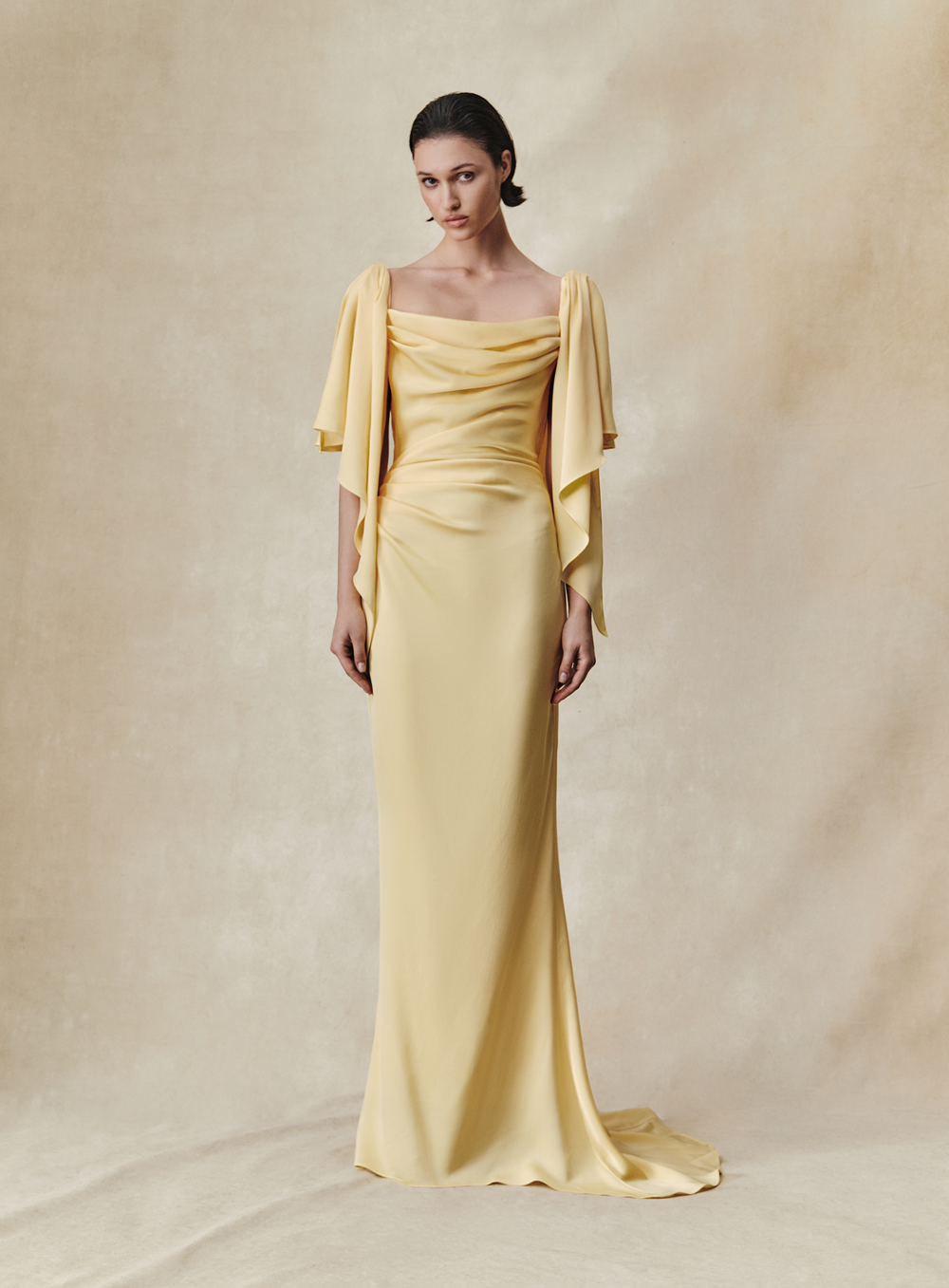 Viscose crepe maxi dress with draping and open back