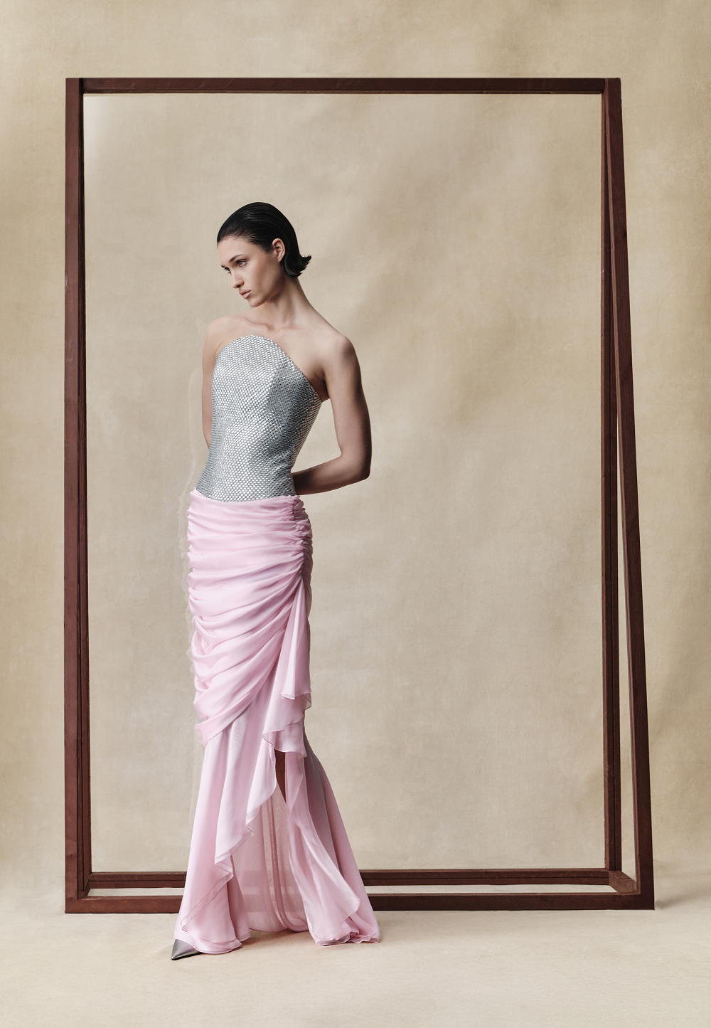 Crystal corset and silk chiffon dress