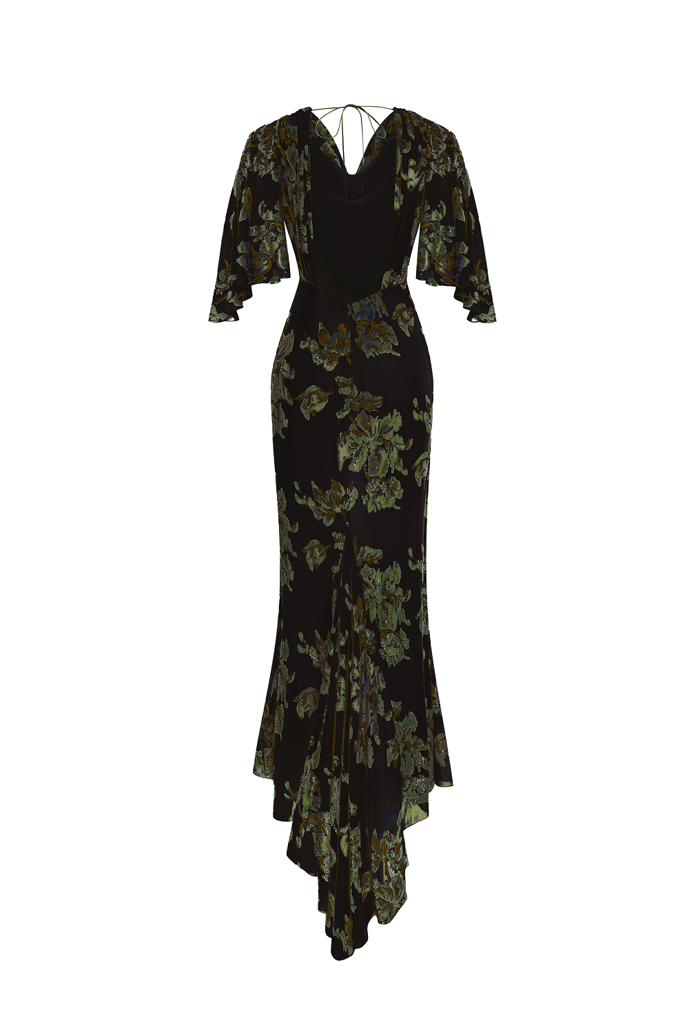 Devoré velvet maxi dress with cowl back and train
