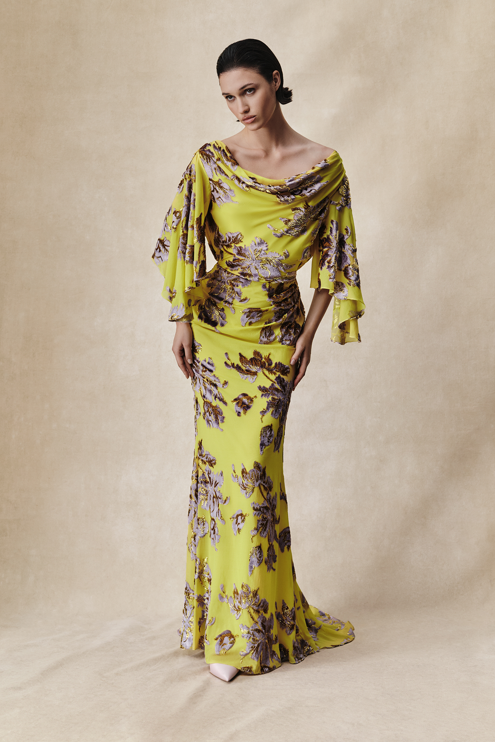 Devoré velvet maxi dress with cowl back and train