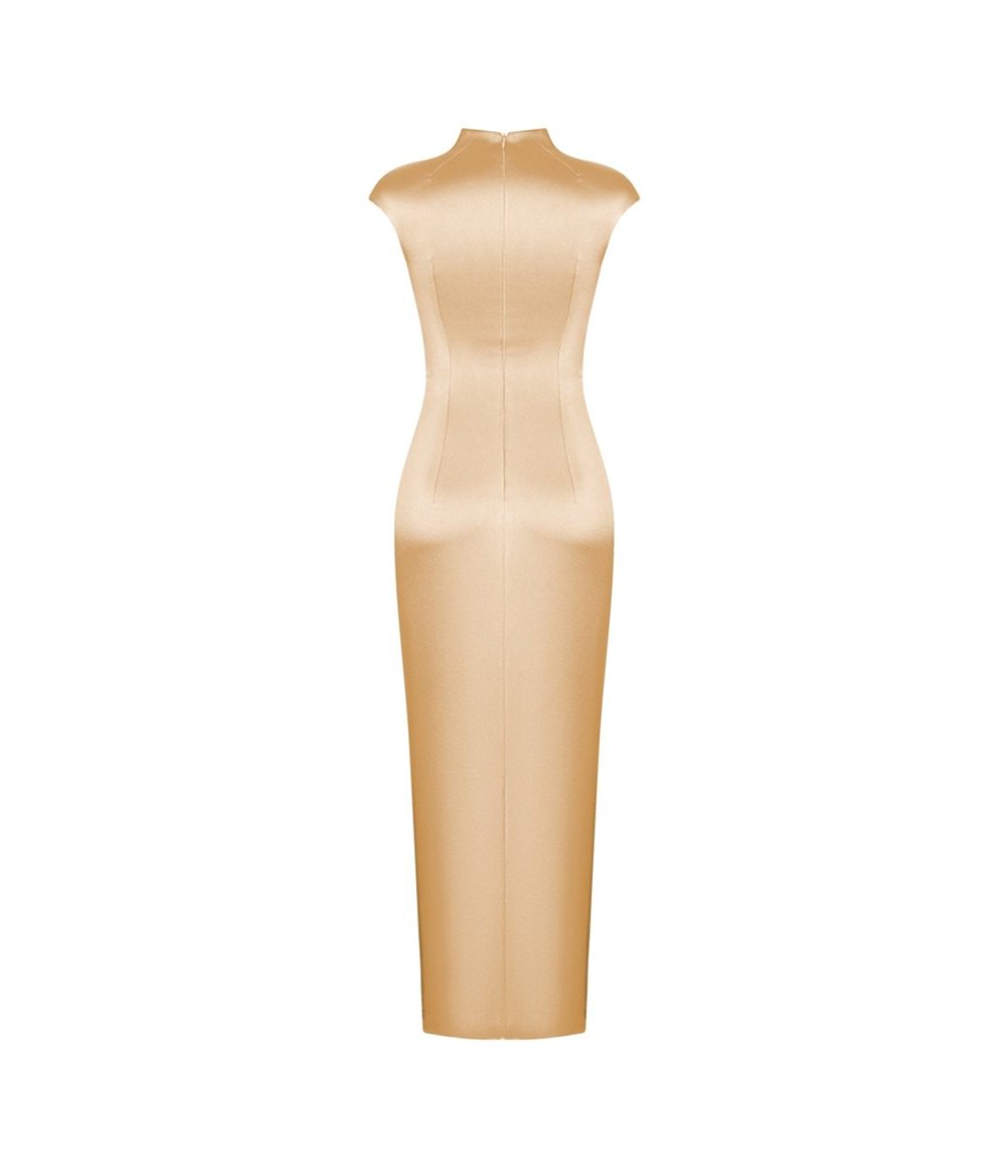 Button-embellished draped satin midi dress