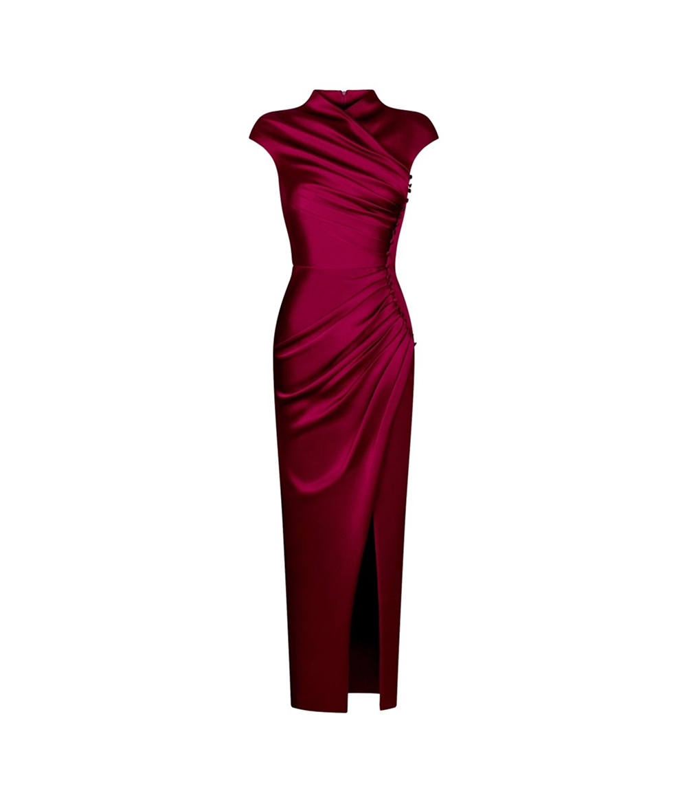 Button-embellished draped satin midi dress
