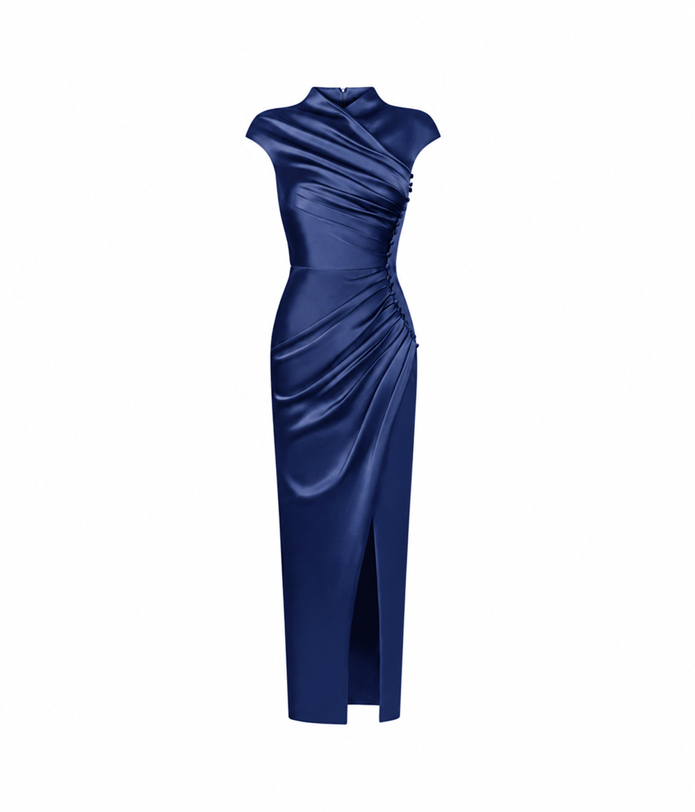 Button-embellished draped satin midi dress