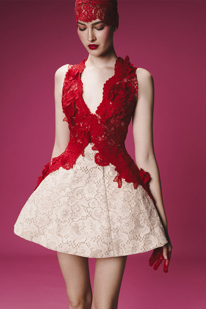 Lace mini dress with voluminous skirt