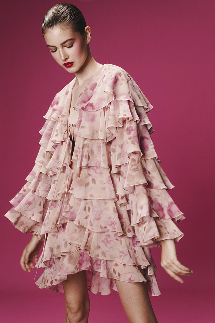 Printed chiffon mini dress with flounces powder DN010 – RASARIO