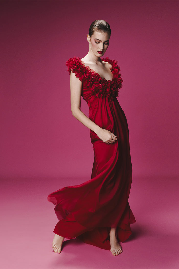 Draped silk chiffon dress with flowers and train