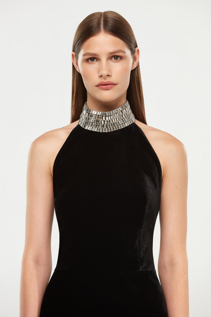 Velvet maxi dress with a crystal embellished neck