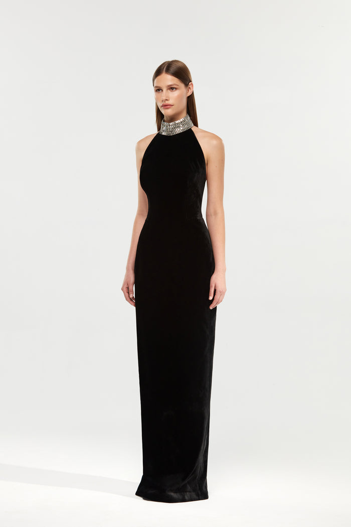 Velvet maxi dress with a crystal embellished neck