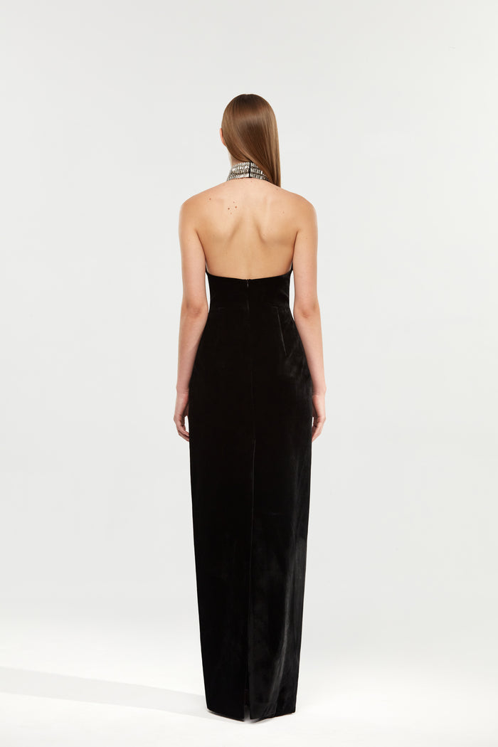 Velvet maxi dress with a crystal embellished neck