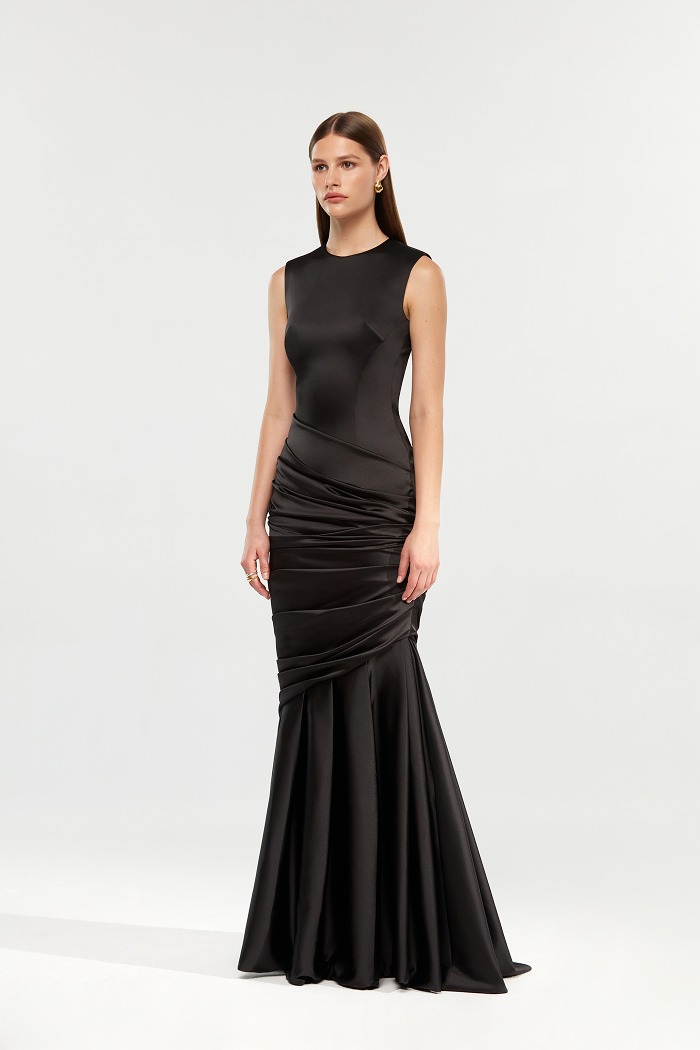 Satin maxi dress with a train