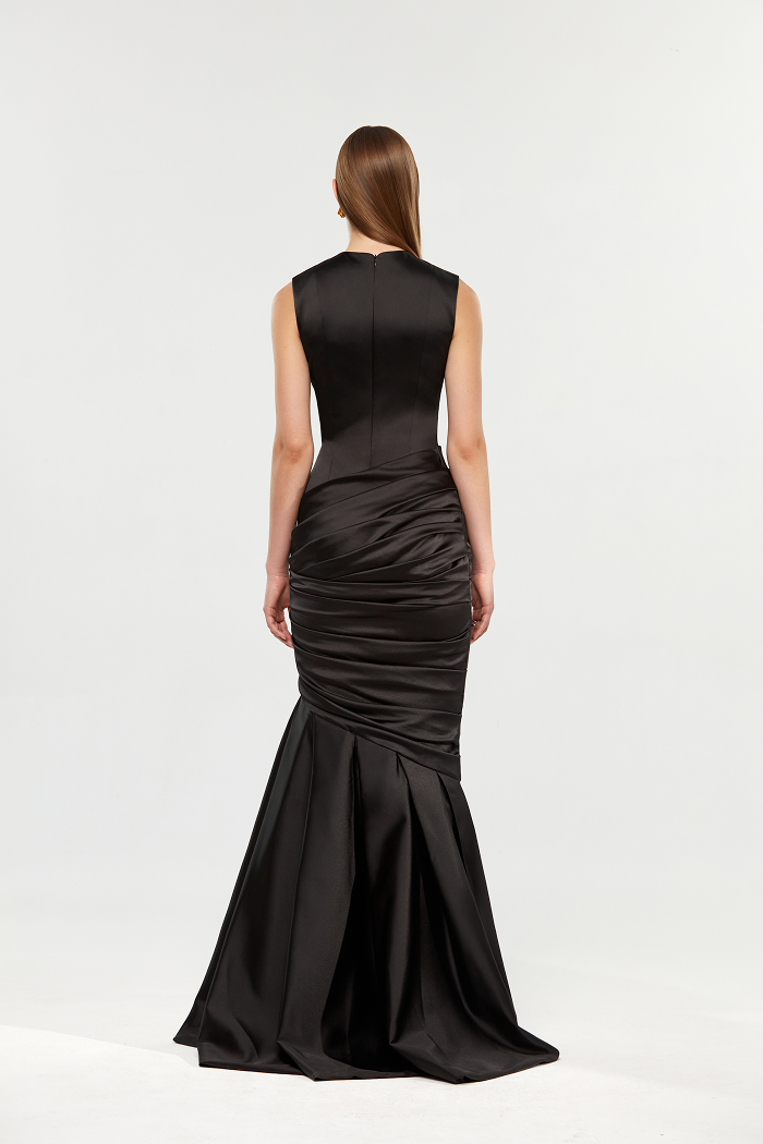 Satin maxi dress with a train