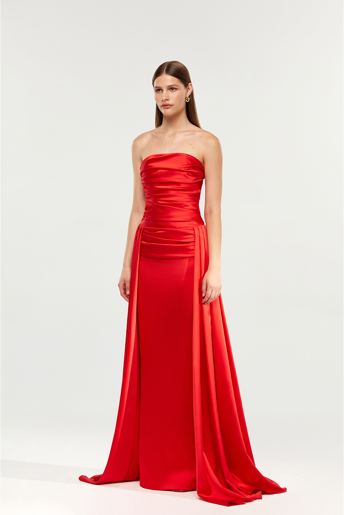 Draped satin maxi dress with a train Draped satin maxi dress with a train