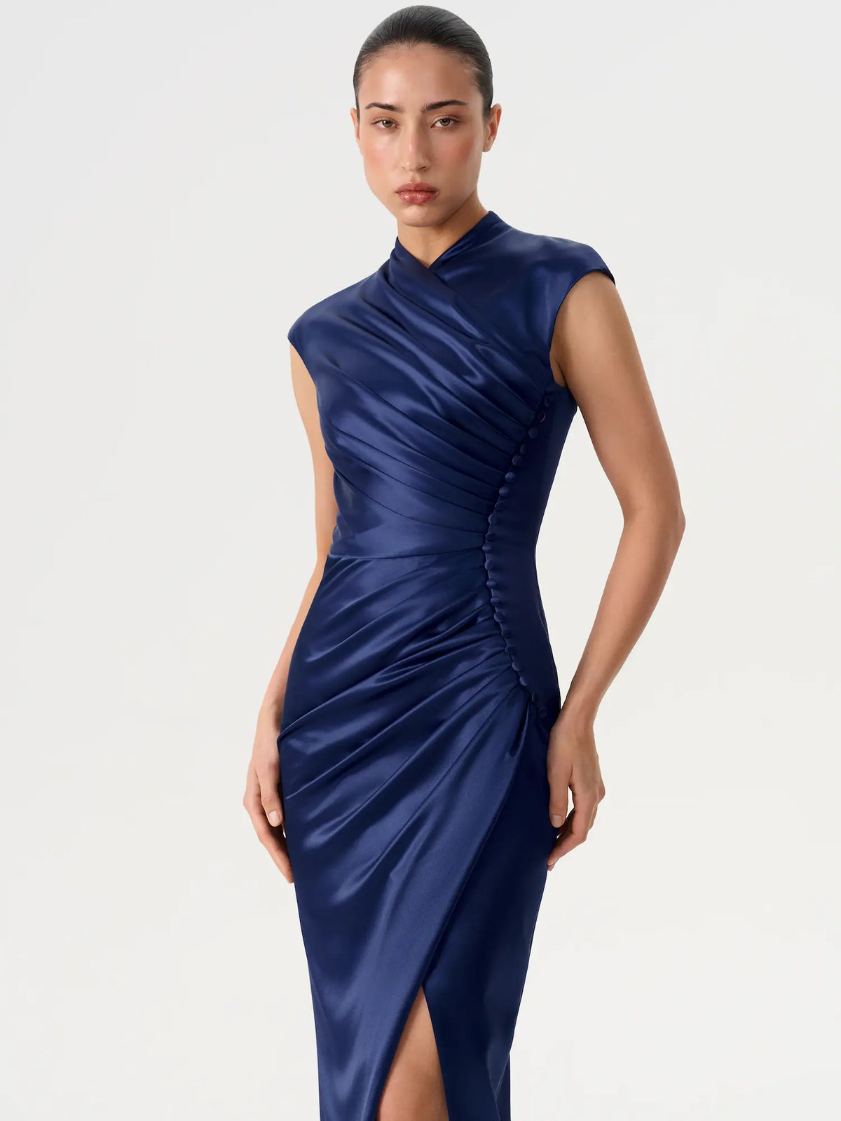 Button-embellished draped satin midi dress