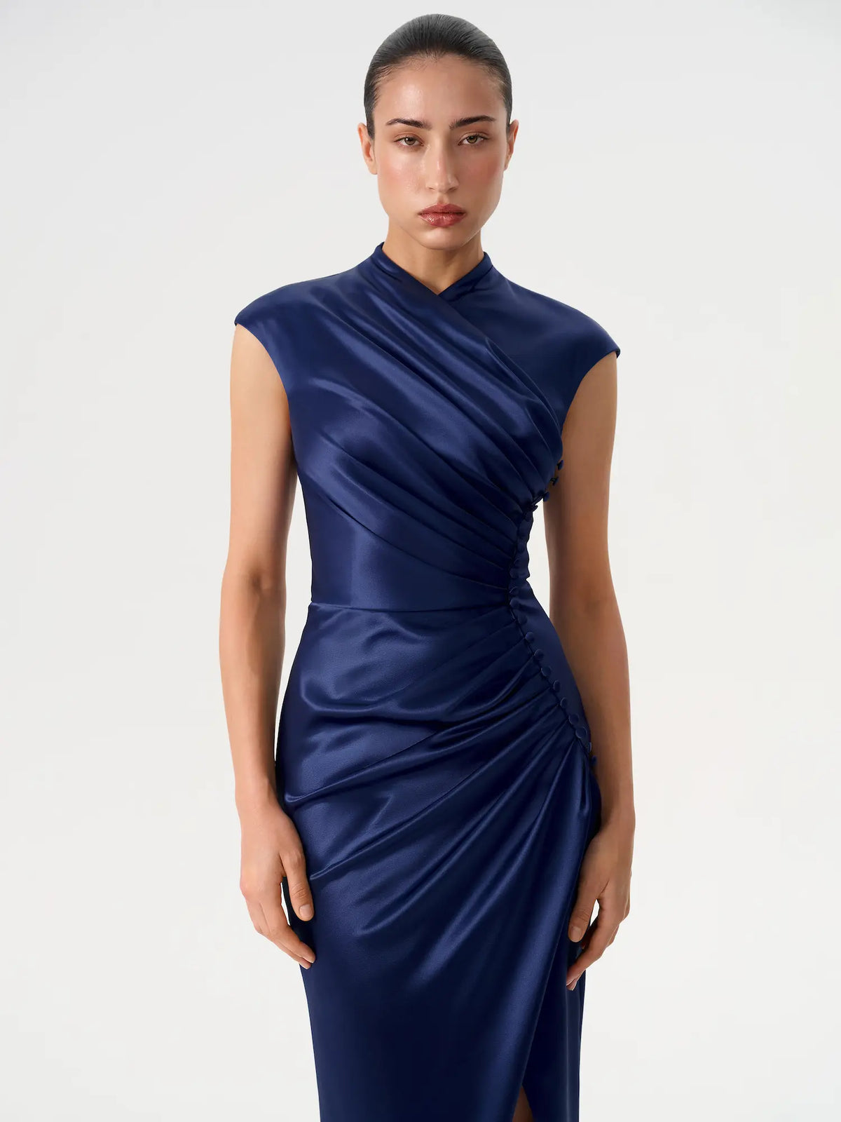 Button-embellished draped satin midi dress