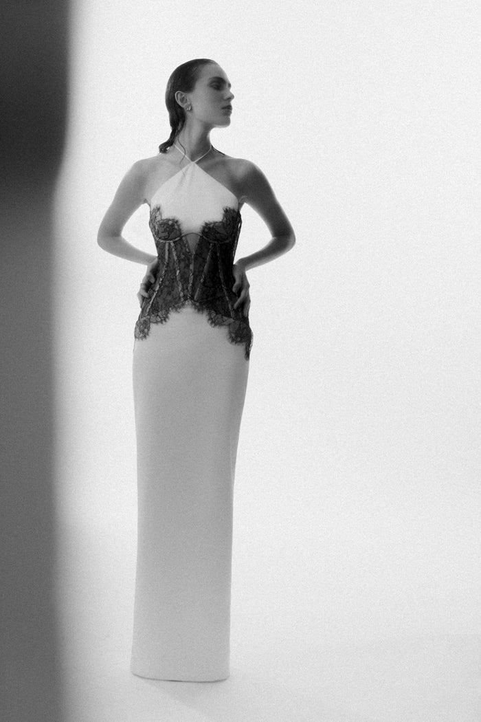 Satin and lace corset maxi dress – Rasario