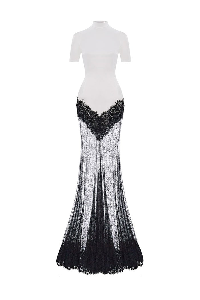 Satin and lace maxi dress – Color: White/Black – RASARIO Online Boutique 40 (FR) / White/Black