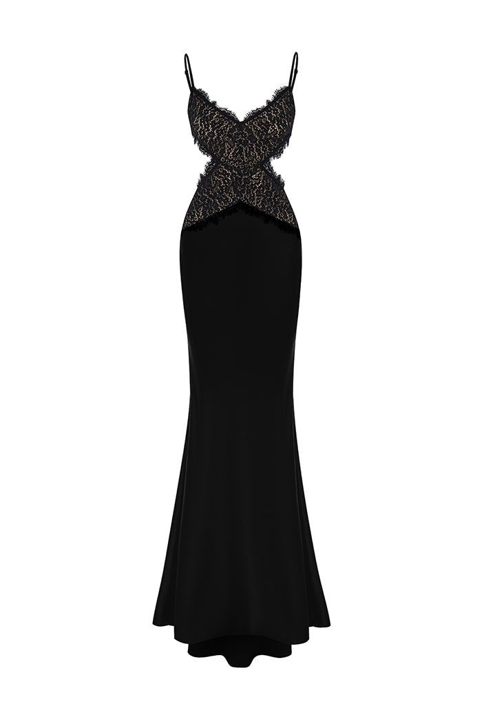 Satin and lace maxi dress with cutouts – Color: Black – RASARIO Online Boutique 44 (FR) / Black