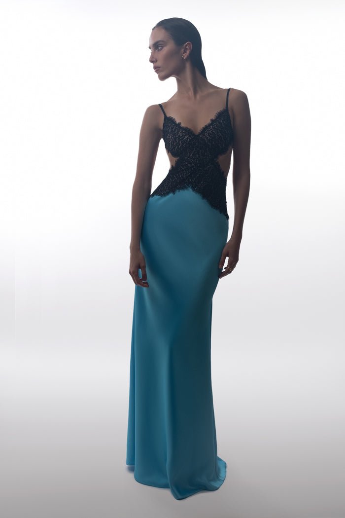 Satin and lace maxi dress with cutouts – Rasario