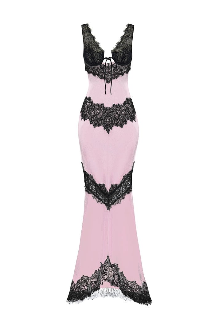 Satin and lace maxi dress with cutouts – Color: Light pink/Black – RASARIO Online Boutique 46 (FR) / Light pink/Black