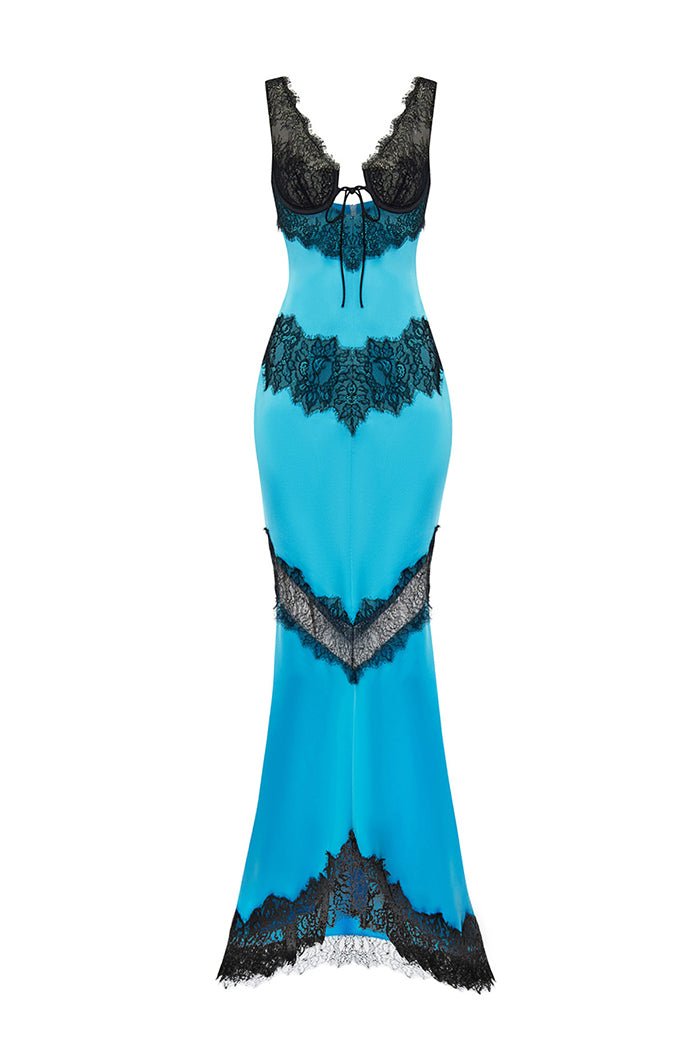 Satin and lace maxi dress with cutouts – Color: Turquoise /Black – RASARIO Online Boutique 40 (FR) / Turquoise /Black