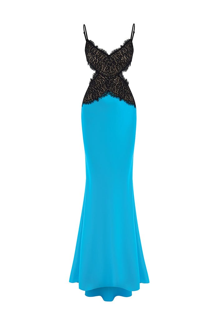 Satin and lace maxi dress with cutouts – Color: Turquoise/Black – RASARIO Online Boutique 46 (FR) / Turquoise/Black